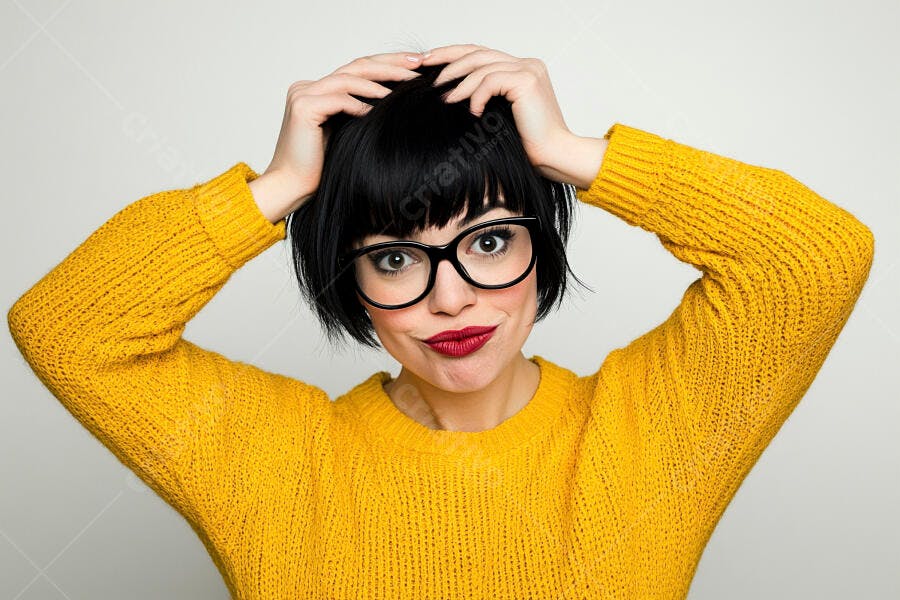 Foto Mulher Jovem Chocada Preocupada Óculos Suéter Amarelo