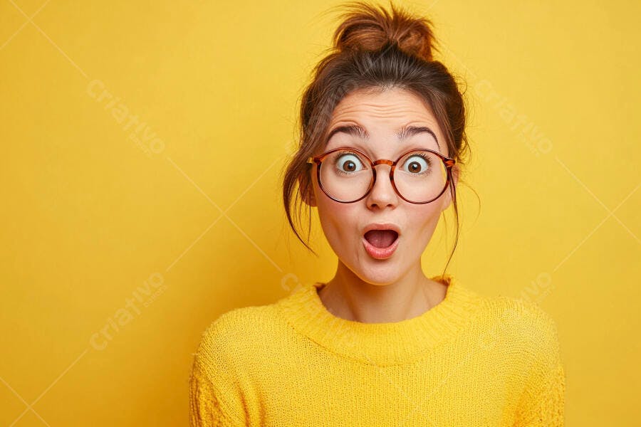 Foto Mulher Jovem Chocada Óculos Fundo Amarelo Estúdio