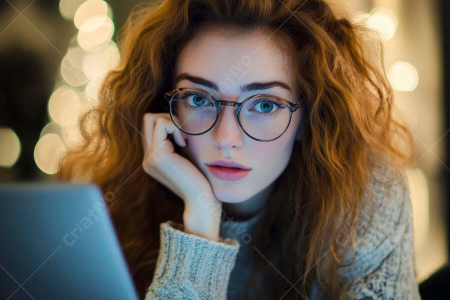 Foto Mulher Jovem Óculos Trabalhando Notebook Noite