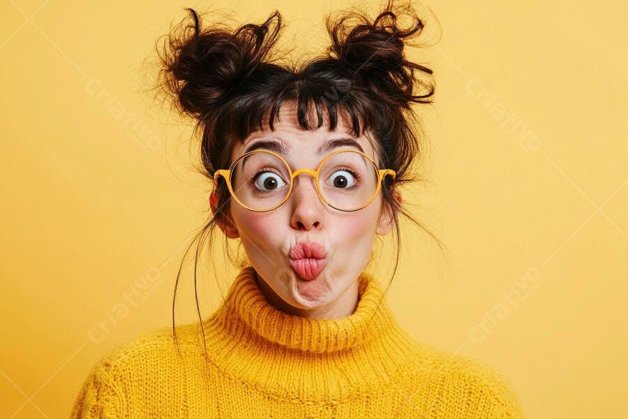 Foto Mulher Jovem Fazendo Bico Óculos Amarelo Fundo Amarelo