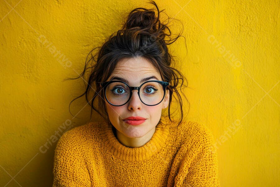Foto Mulher Jovem Óculos Expressão Surpresa Fundo Amarelo