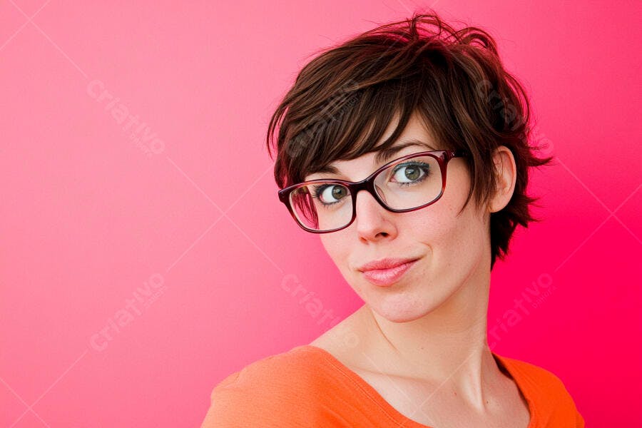 Foto Mulher Jovem Óculos Cabelo Curto Sorrindo Fundo Rosa