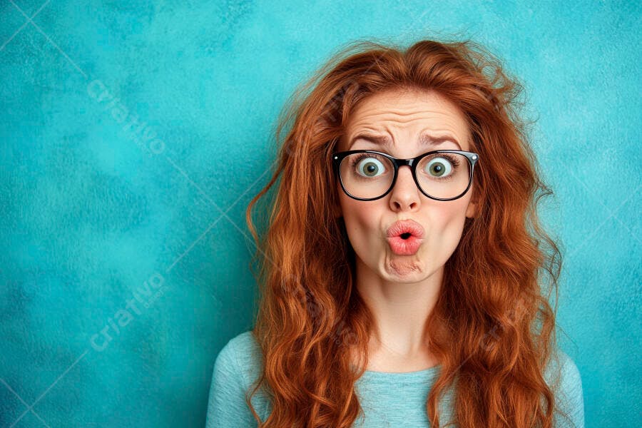 Foto Mulher Ruiva Óculos Expressão Engraçada Fundo Azul