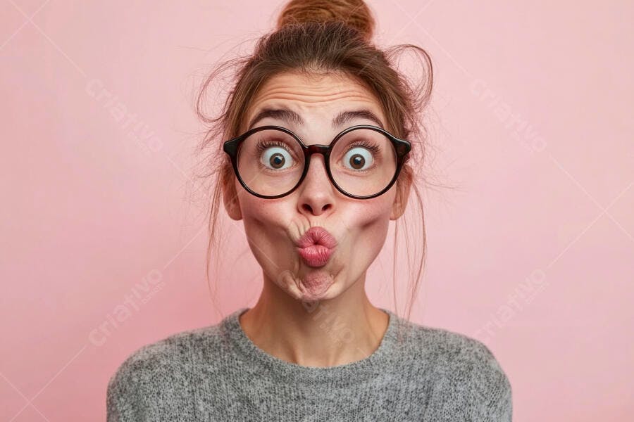Foto Mulher Jovem Óculos Fazendo Bico Fundo Rosa Estúdio