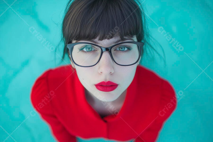 Foto Mulher Jovem Óculos Batom Vermelho Fundo Azul Piscina