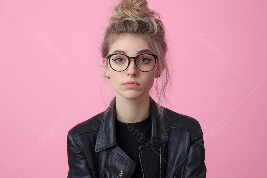 Foto Retrato Mulher Jovem Óculos Jaqueta Preta Fundo Rosa