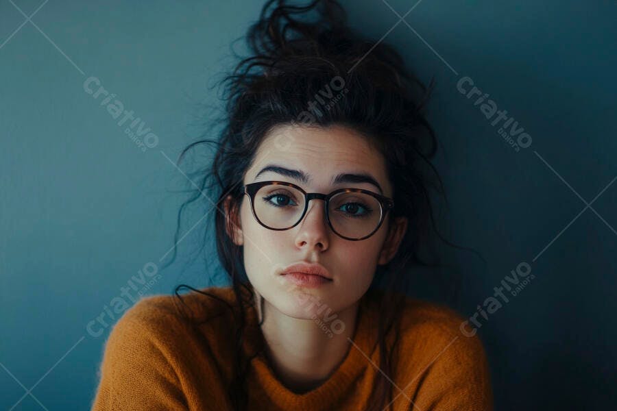 Foto Retrato Mulher Jovem Óculos Olhando Câmera Fundo Azul