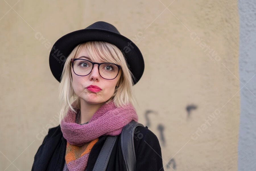 Foto Retrato Mulher Loira Óculos Chapéu Preto Cachecol Rosa