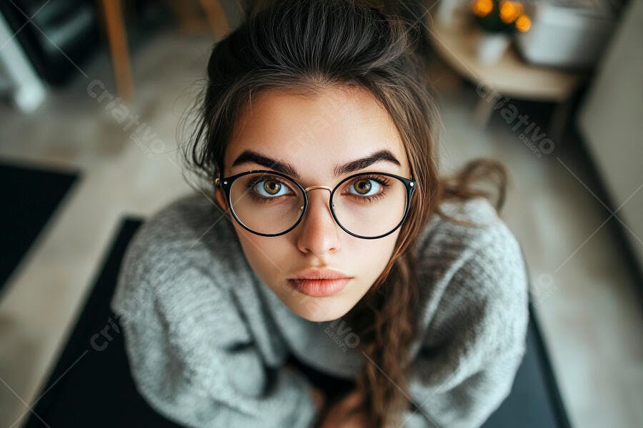 Foto Retrato Mulher Jovem Óculos Olhando Câmera Close-up