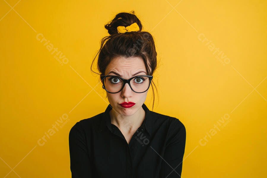 Foto Mulher Jovem Expressão Confusa Óculos Fundo Amarelo