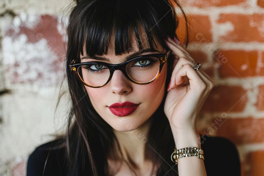 Foto Retrato Mulher Jovem Óculos Vermelho Tijolo Fundo