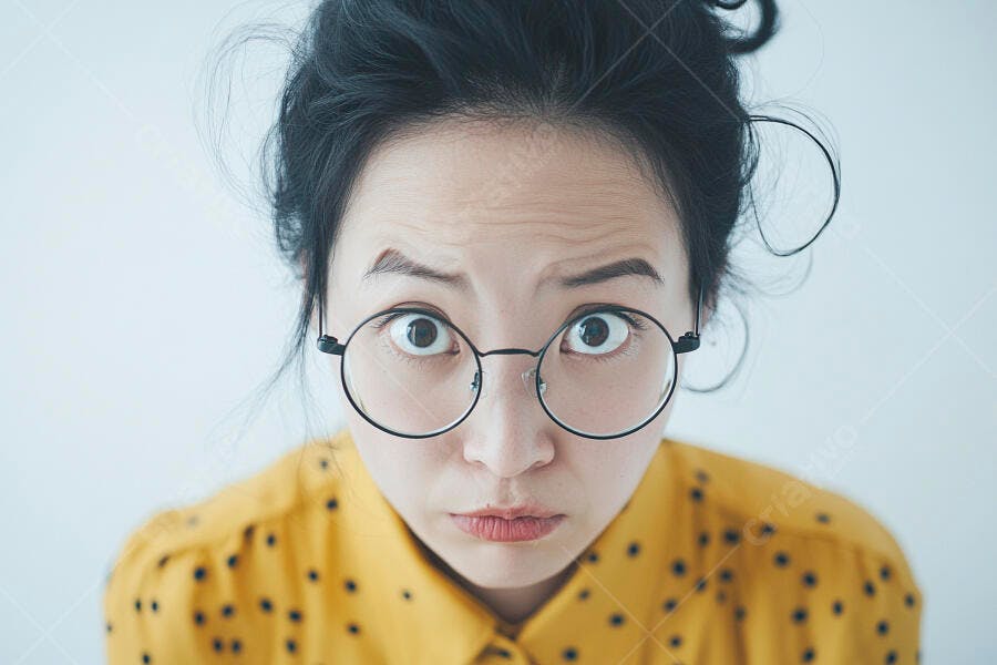 Foto Mulher Asiática Surpresa Olhos Abertos Óculos Fundo Branco