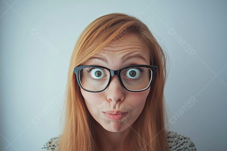 Foto Mulher Ruiva Óculos Expressão Surpresa Engraçada