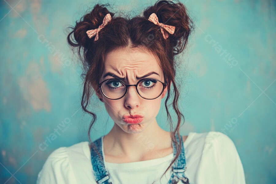Foto Mulher Jovem Expressão Confusa Óculos Cabelo Coque
