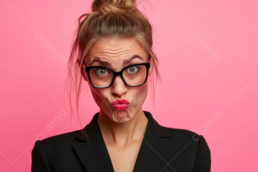 Foto Mulher Loira Óculos Fazendo Bico Fundo Rosa Estúdio