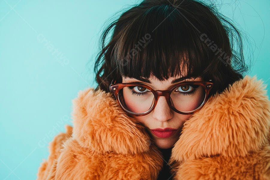 Mulher jovem com óculos e casaco de pele laranja em estúdio azul