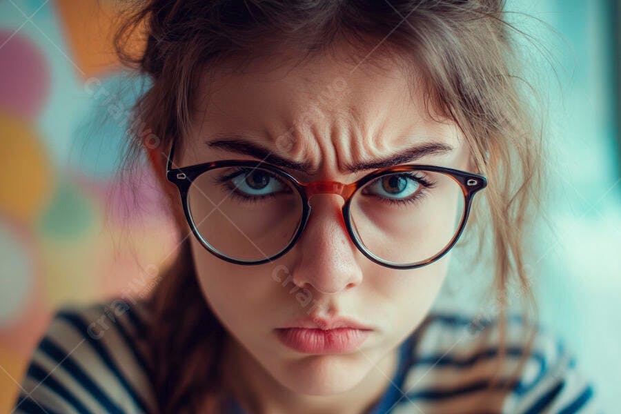 Foto Mulher Jovem Óculos Franzindo Testa Expressão de Raiva