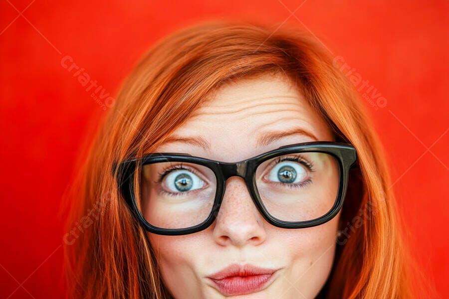 Foto Mulher Ruiva Óculos Expressão Surpresa Fundo Vermelho