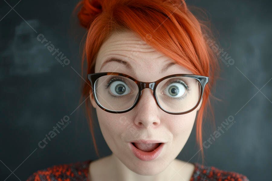 Mulher jovem ruiva de óculos com olhos arregalados em choque fundo escuro