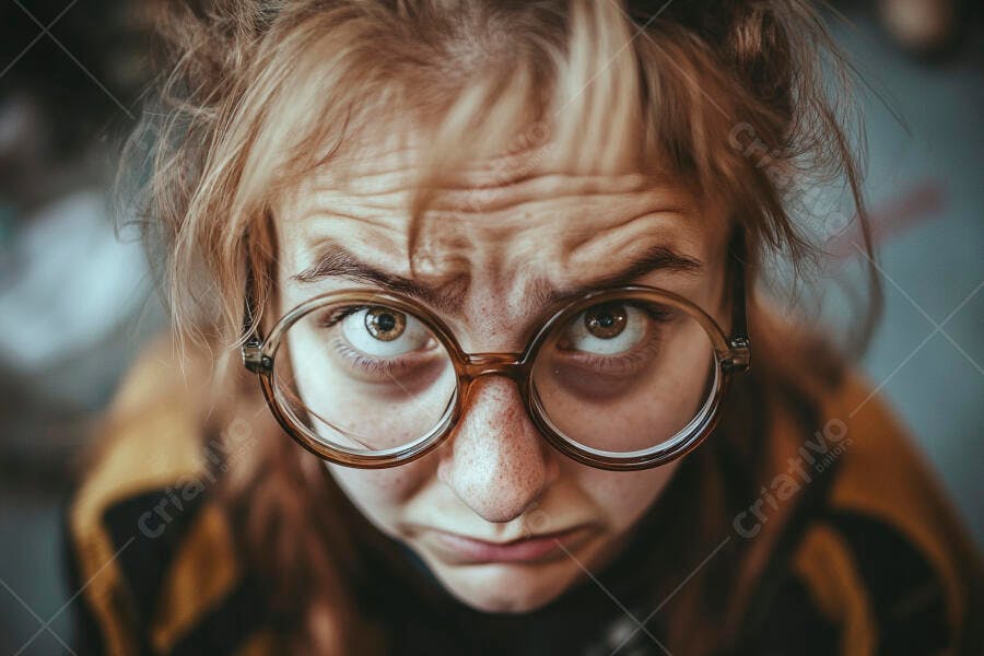 Mulher jovem caucasiana com óculos redondos e sardas olhando confusa para cima