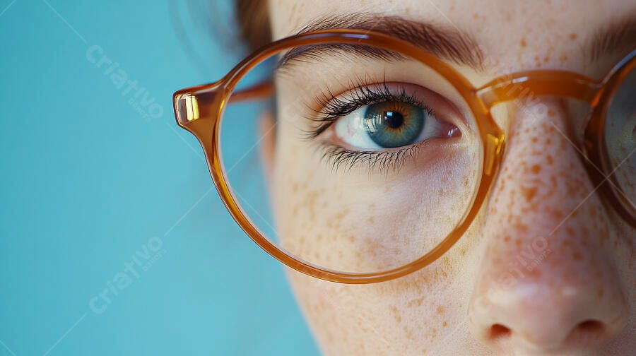 Foto Olho Azul Feminino com Óculos Marrom Close-up