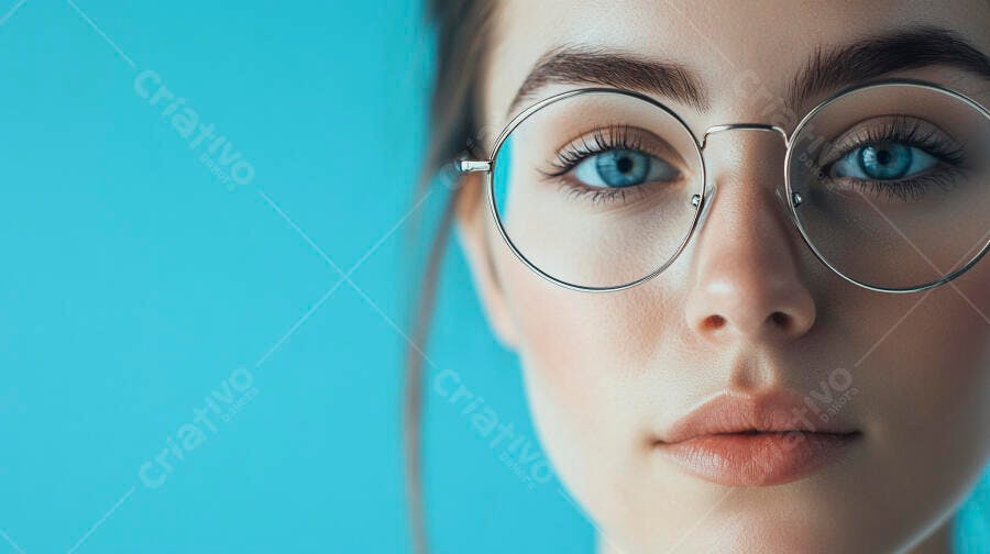 Foto Retrato Mulher Jovem Olhos Azuis Óculos Fundo Azul