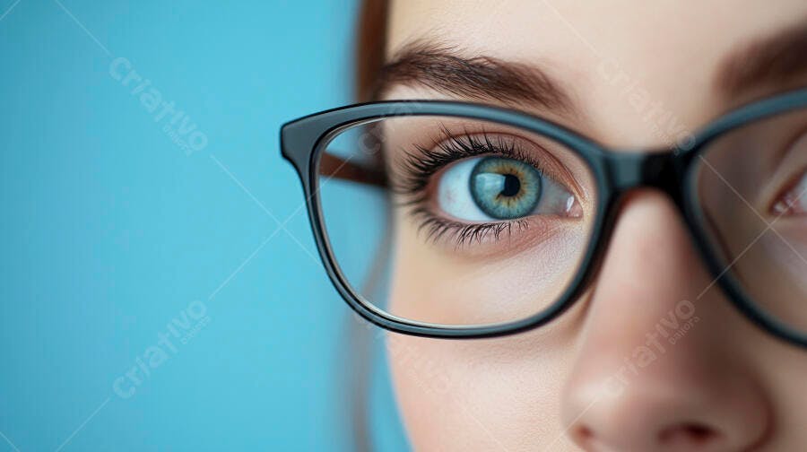 Foto Olho Feminino Azul com Óculos Foco Visão