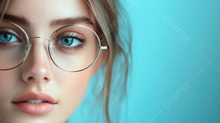 Foto Retrato Mulher Jovem Óculos Olhos Azuis Fundo Turquesa