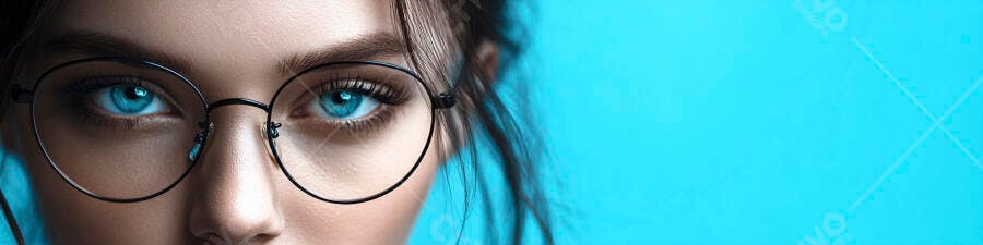 Foto Mulher Olhos Azuis Óculos Fundo Azul Claro