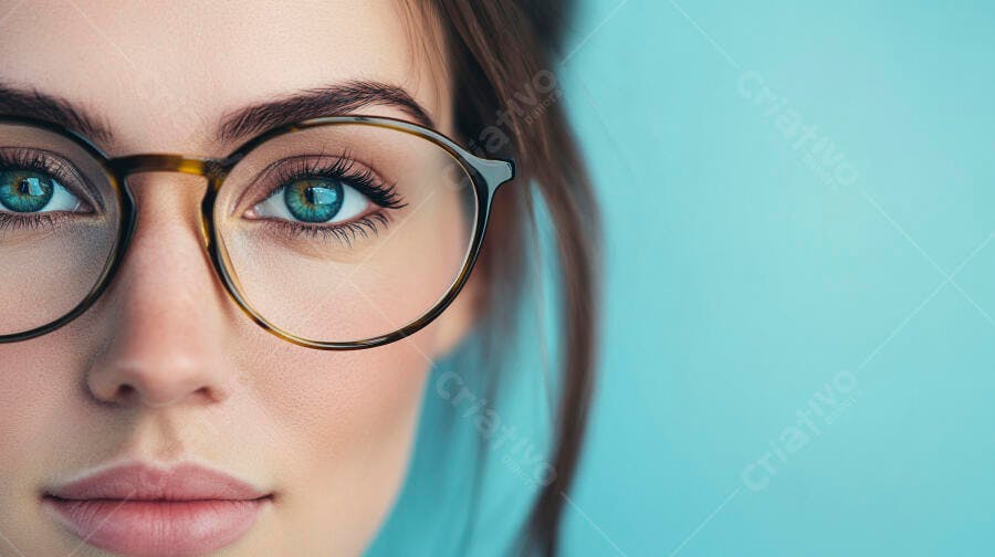 Foto Retrato Mulher Jovem Óculos Olhos Azuis Fundo Azul Claro