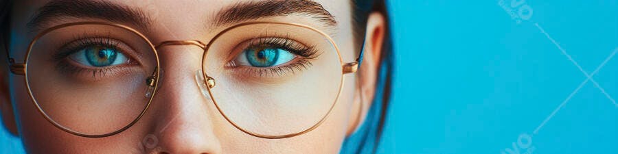 Foto Olhos Azuis Mulher Óculos Redondos Fundo Azul