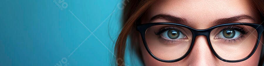 Foto Olhos Mulher Óculos Foco Fundo Azul Claro