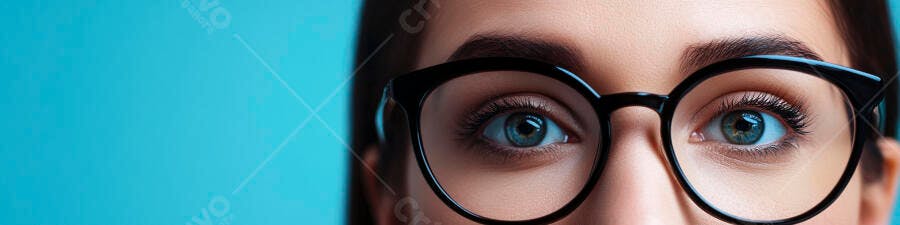 Foto Olhos Azuis Mulher Óculos Fundo Azul Claro