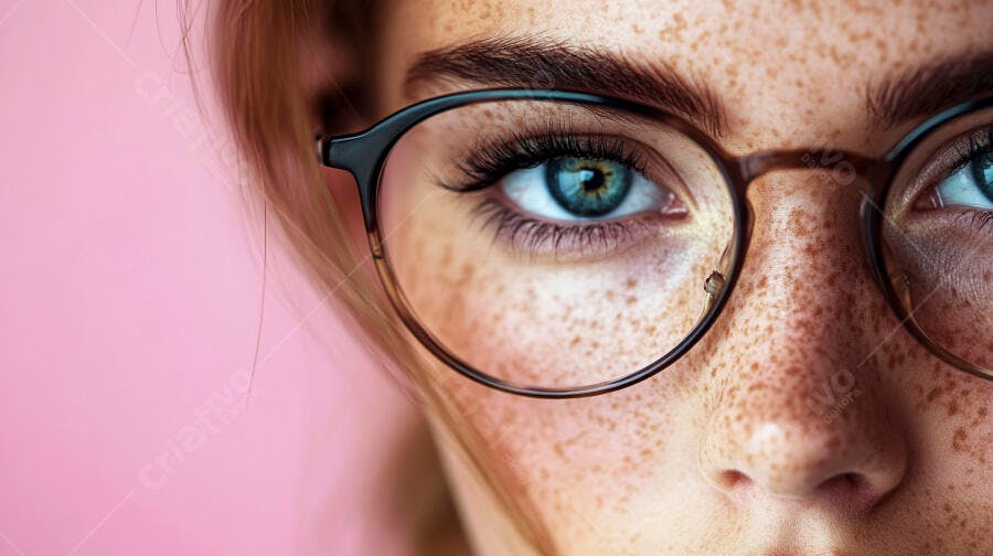 Foto Mulher Jovem Sardas Olhos Azuis Óculos Fundo Rosa