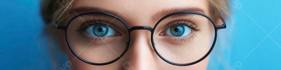 Foto Olhos Azuis Mulher Óculos Redondos Fundo Azul