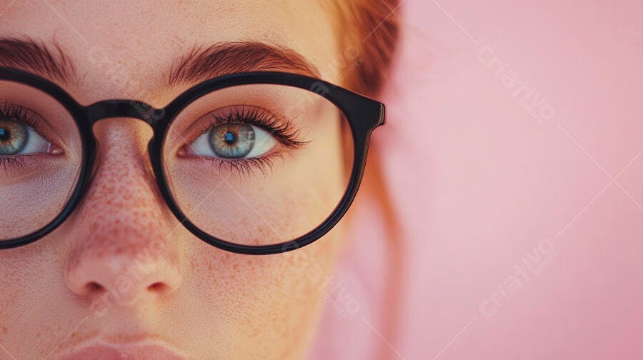 Foto Retrato Mulher Ruiva Óculos Olhos Azuis Fundo Rosa