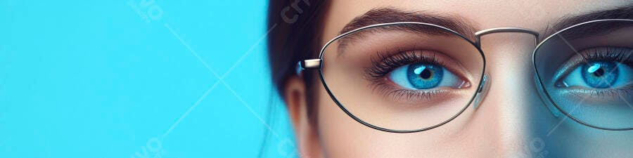 Foto Olhos Azuis Mulher Óculos Fundo Azul Claro