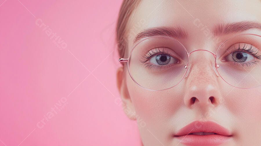 Foto Mulher Jovem Óculos Olhar Direto Fundo Rosa Estúdio