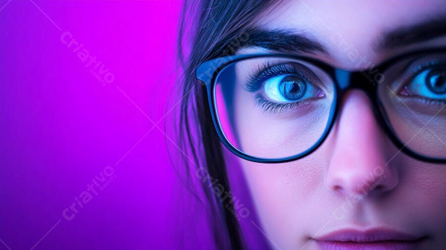 Foto Mulher Jovem Olhos Azuis Óculos Fundo Roxo Neon