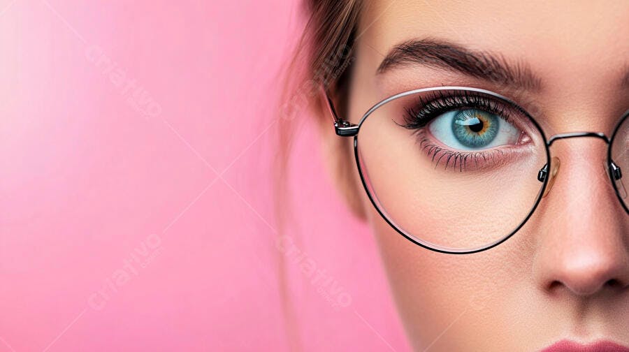 Foto Close-up Olho Azul Feminino Óculos Fundo Rosa