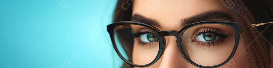 Foto Olhos Azuis Mulher Óculos Fundo Azul Claro