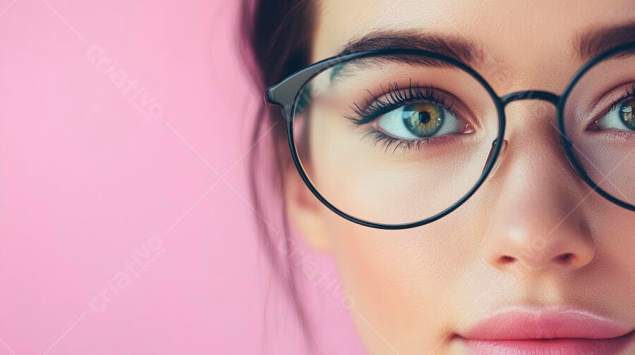 Foto Retrato Mulher Óculos Redondos Fundo Rosa Estúdio