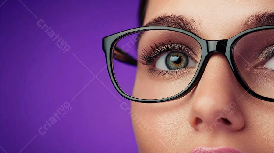 Foto Close Up Olho Feminino Óculos Fundo Roxo Estúdio