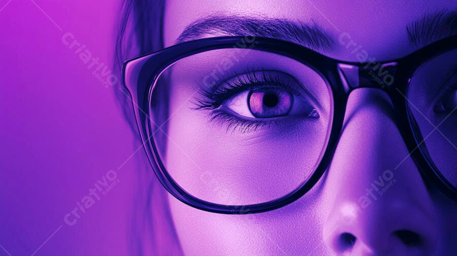 Foto Olho Feminino com Óculos Iluminação Neon Roxa