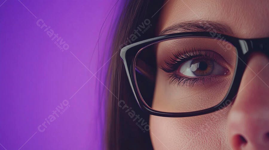 Foto Close-up Olho Feminino com Óculos Fundo Roxo