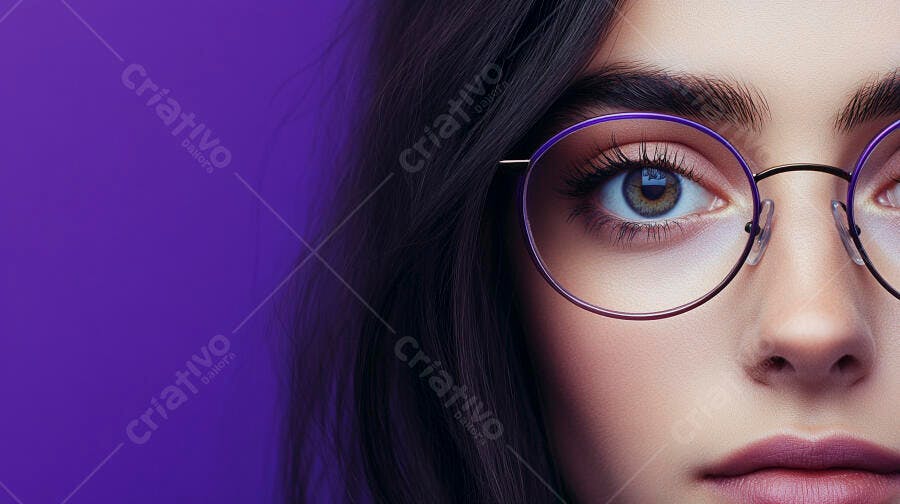 Foto Retrato Mulher Jovem Óculos Rosto Fundo Roxo