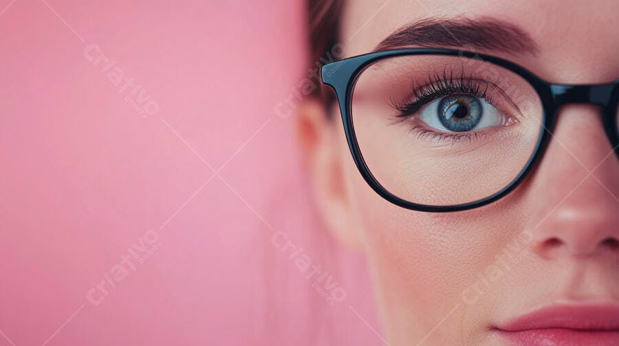 Foto Retrato Mulher Olho Azul Óculos Fundo Rosa