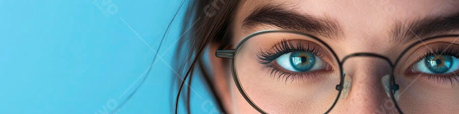 Foto Olhos Azuis Mulher Óculos Fundo Azul Claro