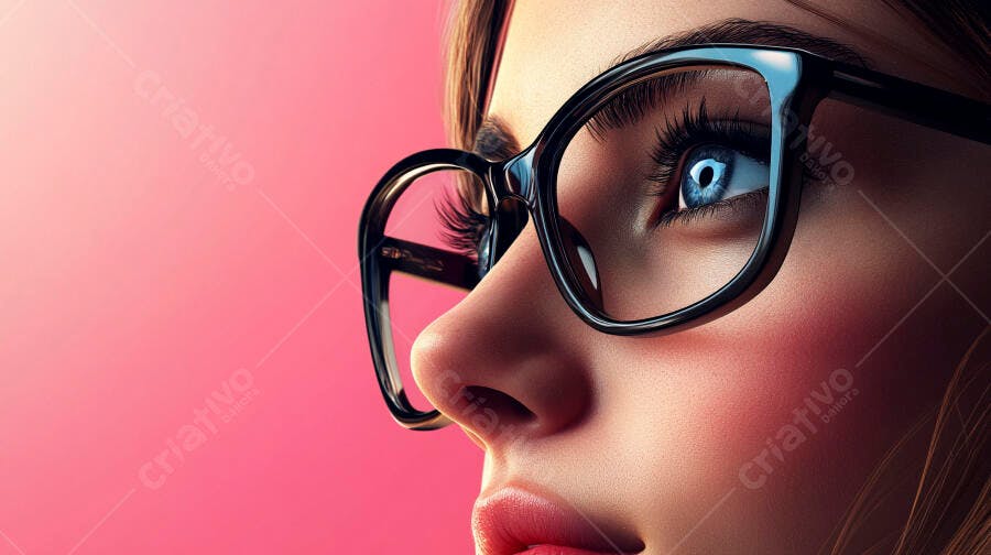 Foto Mulher Jovem Olhando Cima Óculos Fundo Rosa