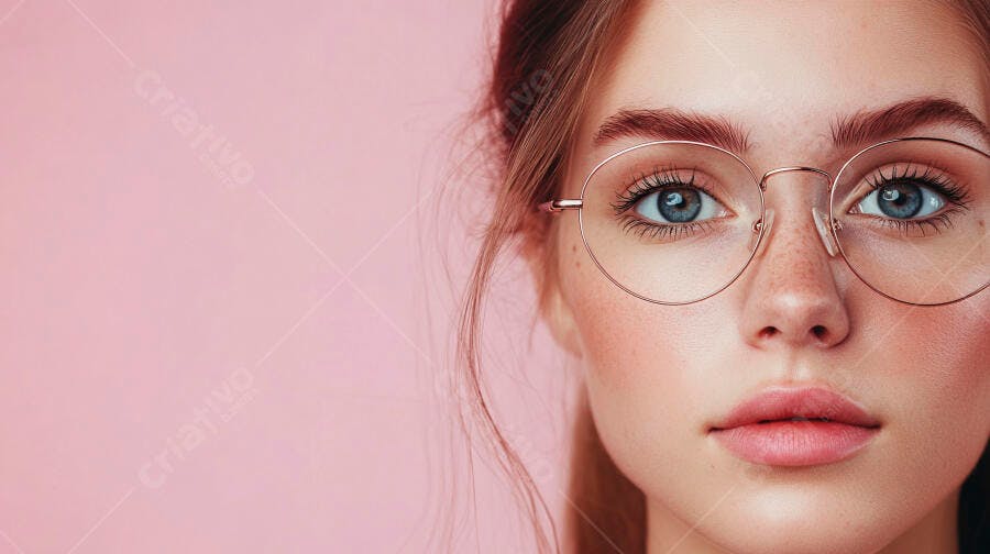 Foto Retrato Mulher Jovem Óculos Olhar Direto Fundo Rosa